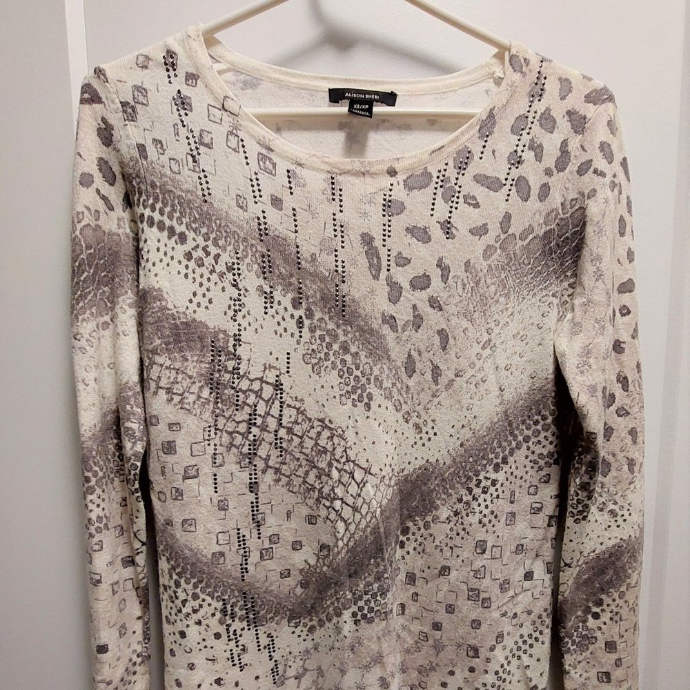 ALISON SHERI Animal Print Mix Long Sleeve Pullover Knit Top Grey/Pewter/Ivory XS